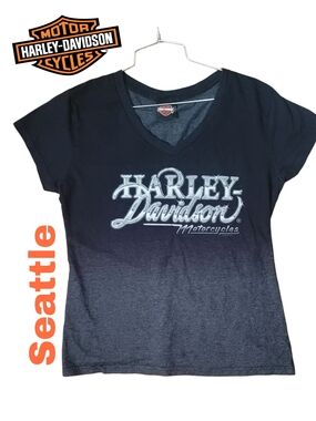 Harley-Davidson Black Ombre V-Neck Chrome Look Logo Tee Mt. Rainier Seattle